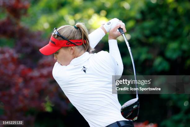 Golfer Brooke Henderson plays her tee shot on the 17th hole on July 20 during the second round of the Dow Great Lake Bay Invitational at Midland...