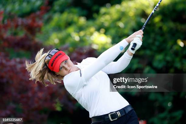 Golfer Brooke Henderson plays her tee shot on the 17th hole on July 20 during the second round of the Dow Great Lake Bay Invitational at Midland...