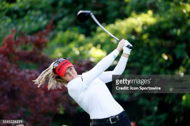 Golfer Brooke Henderson plays her tee shot on the 17th hole on July 20 during the second round of the Dow Great Lake Bay Invitational at Midland...