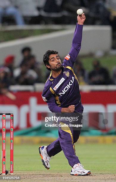 Iqbal Abdulla of the Kolkata Knight Riders in action during the Champions league twenty20 match between CLT20 Kolkata Knight Riders v Nashua Titans...