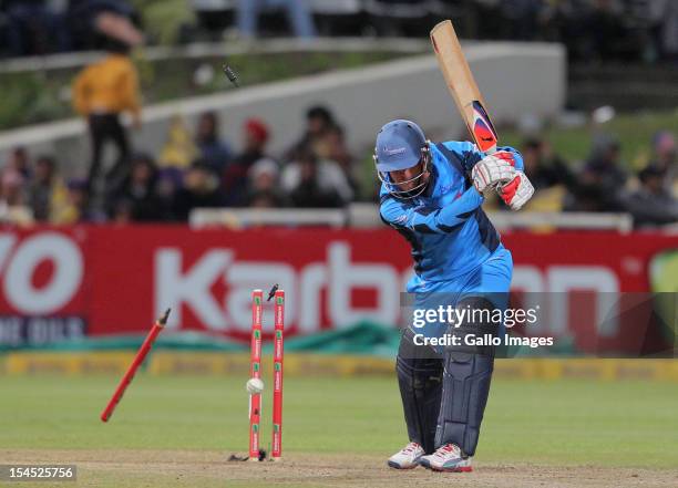 Roelof van der Merwe of the Titans is bowled out during the Champions league twenty20 match between CLT20 Kolkata Knight Riders v Nashua Titans at...