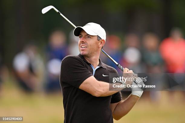 Rory McIlroy of Northern Ireland plays his second shot on the 2nd hole during Day Three of the Genesis Scottish Open at The Renaissance Club on July...