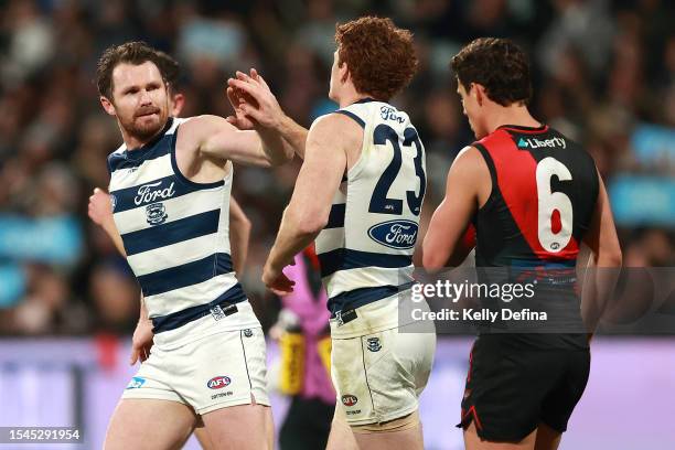 Patrick Dangerfield of the Cats celebrates kicking a goal during the round 18 AFL match between Geelong Cats and Essendon Bombers at GMHBA Stadium,...