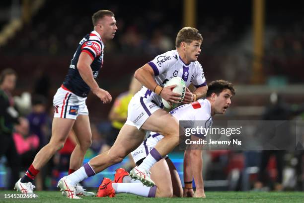 Harry Grant of the Storm darts out of dummy half during the round 20 NRL match between Sydney Roosters and Melbourne Storm at Sydney Cricket Ground...