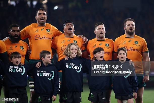 The Wallabies sing their national anthem during The Rugby Championship match between the Australia Wallabies and Argentina at CommBank Stadium on...