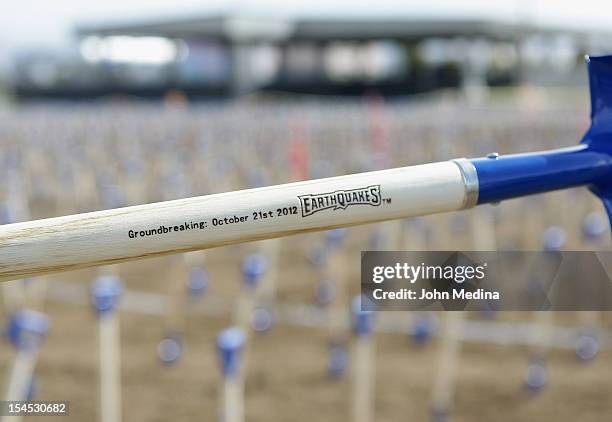 Close-up photo of a shovel used during the San Jose Earthquakes groundbreaking ceremony on October 21, 2012 in San Jose, California.