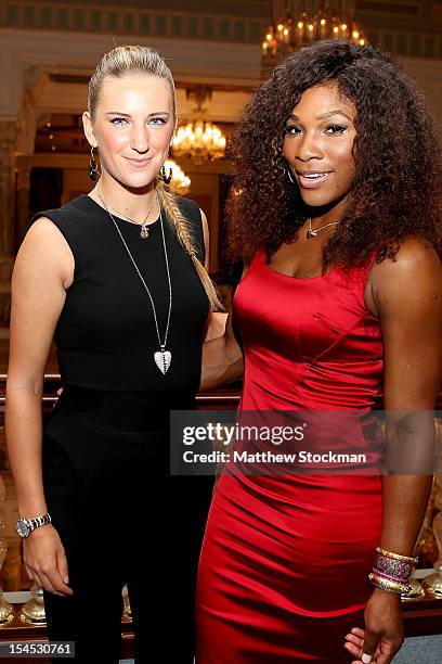 Victoria Azarenka of Belarus and Serena Williams of the United States pose for before the draw ceremony for the TEB BNP Paribas WTA Championships...