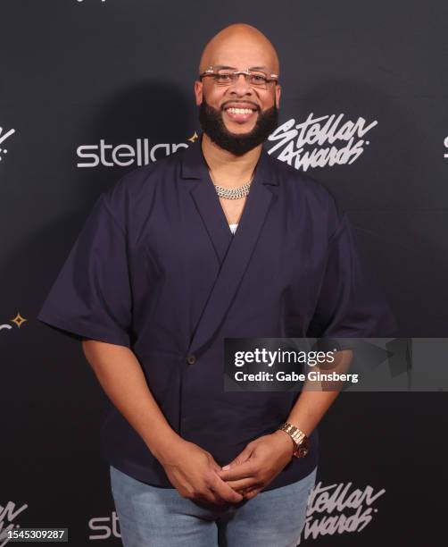 James Fortune poses backstage during the 38th annual Stellar Awards preshow at The Orleans Showroom at The Orleans Hotel & Casino on July 14, 2023 in...