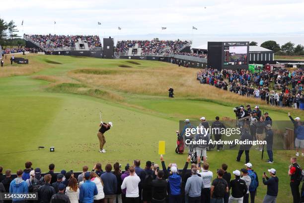 Rory McIlroy of Northern Ireland tees off on the 6th hole during Day Three of the Genesis Scottish Open at The Renaissance Club on July 15, 2023 in...