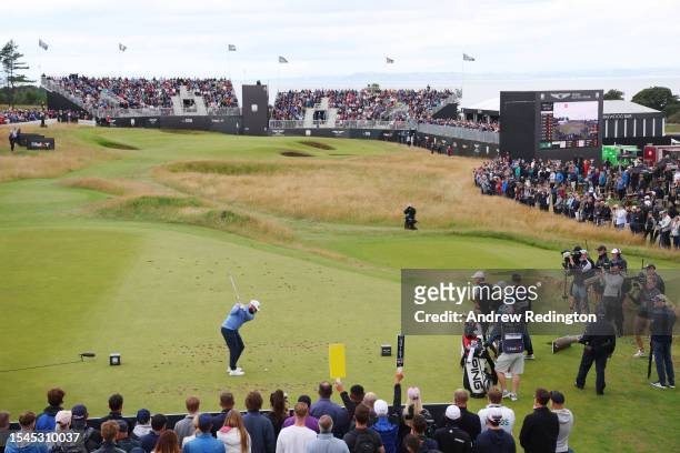 Tyrrell Hatton of England tees off on the 6th hole during Day Three of the Genesis Scottish Open at The Renaissance Club on July 15, 2023 in United...