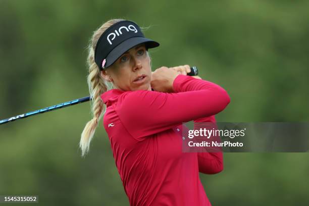 Pernilla Lindberg of Sweden hits from the 16th tee during the second round of the Dow Great Lakes Bay Invitational golf tournament at Midland Country...