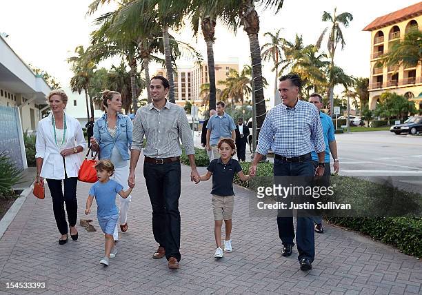 Ann Romney, Mary Romney, Miles Romney, Craig Romney, Parker Romney and Republican presidential candidate, former Massachusetts Gov. Mitt Romney, walk...