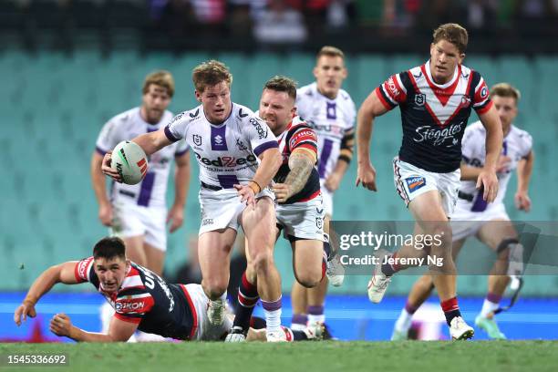 Harry Grant of the Storm makes a line break during the round 20 NRL match between Sydney Roosters and Melbourne Storm at Sydney Cricket Ground on...