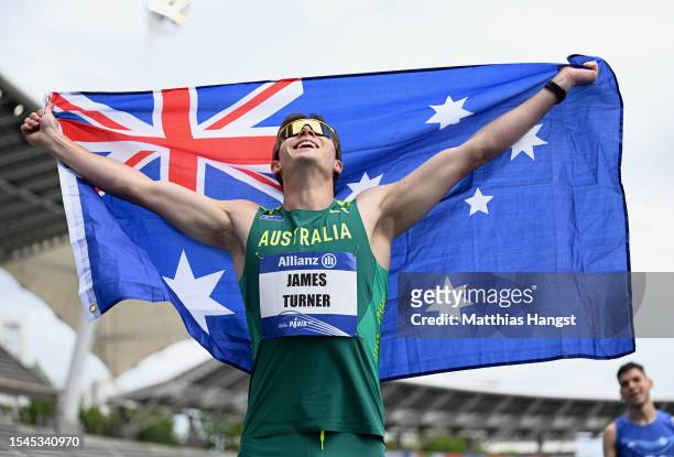 James Turner of Australia celebrates after winning the Men's 100m T36 Final during day eight of the Para Athletics World Championships Paris 2023 at...