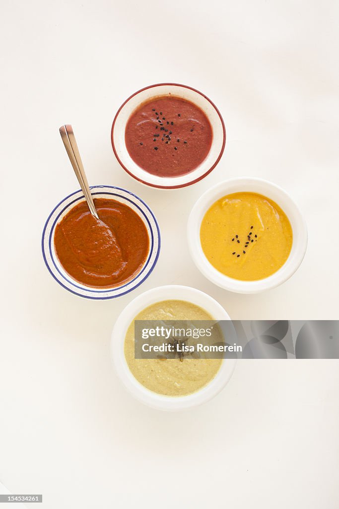 Sauce cups with various types of Mexican sauces.