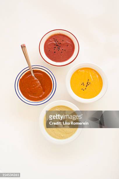 sauce cups with various types of mexican sauces. - sauce stock pictures, royalty-free photos & images