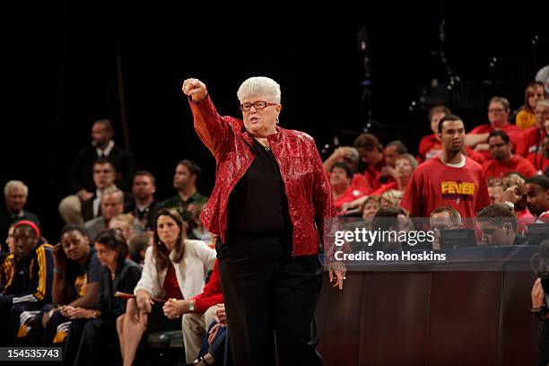 Head Coach Lin Dunn of the Indiana Fever calls a play against the Minnesota Lynx during Game four of the 2012 WNBA Finals on October 21, 2012 at...