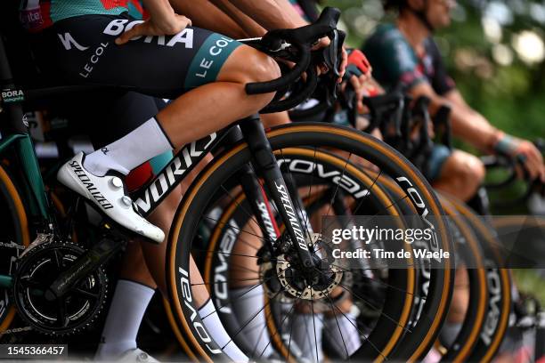 Specialized shoes of Team BORA-Hansgrohe prior to the stage fourteen of the 110th Tour de France 2023 a 151.8km stage from Annemasse to Morzine les...