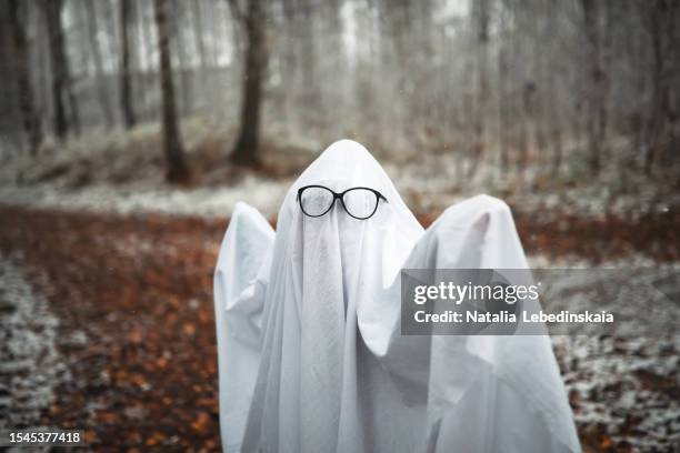 mesmerizing forest spirits: ghostly entities in glasses, adorned in children's ghost costumes, evoke a sense of mystery in the gloomy forest with first snow. embracing the essence of halloween in the wintry ambiance. - spöke bildbanksfoton och bilder