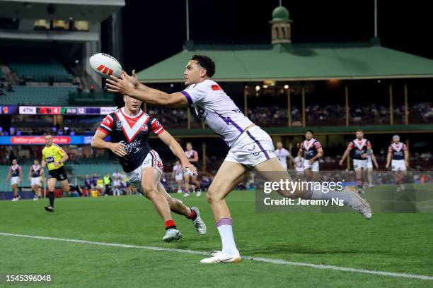 Xavier Coates of the Storm scores a try during the round 20 NRL match between Sydney Roosters and Melbourne Storm at Sydney Cricket Ground on July...