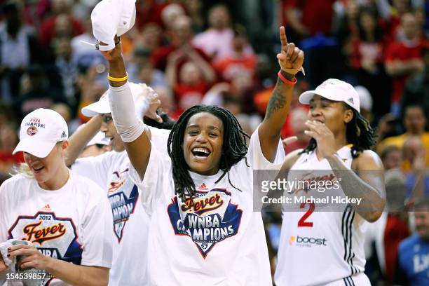 Shavonte Zellous of the Indiana Fever celebrates after defeating Minnesota Lynx in Game Four of the 2012 WNBA Finals on October 21, 2012 at Bankers...