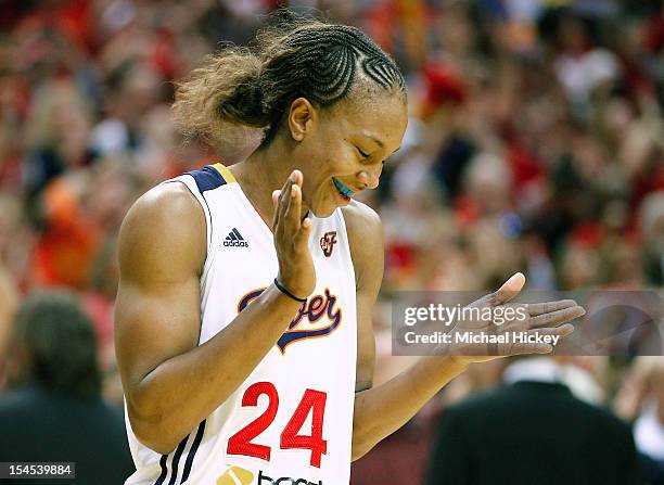 Eventual MVP Tamika Catchings of the Indiana Fever reacts in the closing seconds against the Minnesota Lynx during Game Four of the 2012 WNBA Finals...