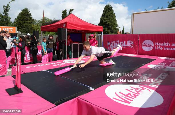 Fan takes part in a vitality activations during the Vitality Blast T20 Semi-Final 1 mtach between Essex Eagles and Hampshire Hawks at Edgbaston on...