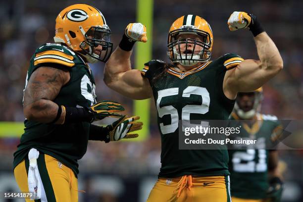 Outside linebacker Clay Matthews of the Green Bay Packers celebrates his sack of quarterback Sam Bradford of the St. Louis Rams with defensive end...