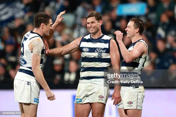 Tom Hawkins of the Cats celebrates during the round 18 AFL match between Geelong Cats and Essendon Bombers at GMHBA Stadium, on July 15 in Geelong,...