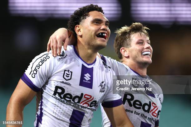 Xavier Coates of the Storm celebrates scoring a try during the round 20 NRL match between Sydney Roosters and Melbourne Storm at Sydney Cricket...