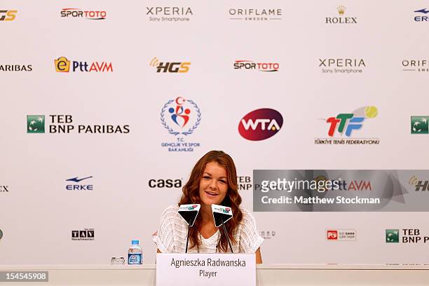 Agnieszka Radwanska of Poland fields questions from the media during the WTA All-Access Hour during the TEB BNP Paribas WTA Championships at the...
