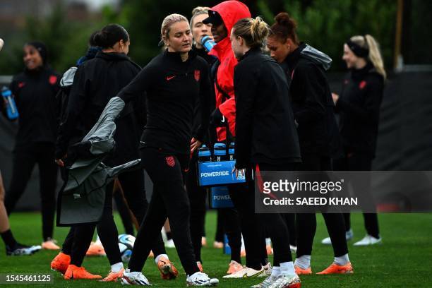 S Lindsey Horan attends a training session with teammates at the Bay City Park in Auckland on July 21 ahead of their first 2023 Women's World Cup...