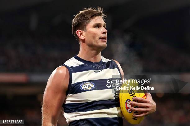 Tom Hawkins of the Cats prepares to kick a goal during the round 18 AFL match between Geelong Cats and Essendon Bombers at GMHBA Stadium, on July 15...