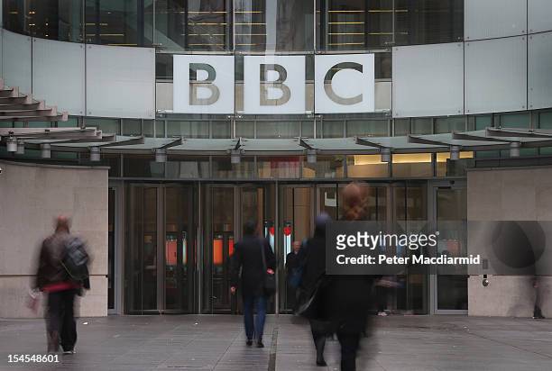 People walk near the entrance to BBC Broadcasting House on October 22, 2012 in London, England. A BBC1 'Panorama' documentary to be broadcast later...