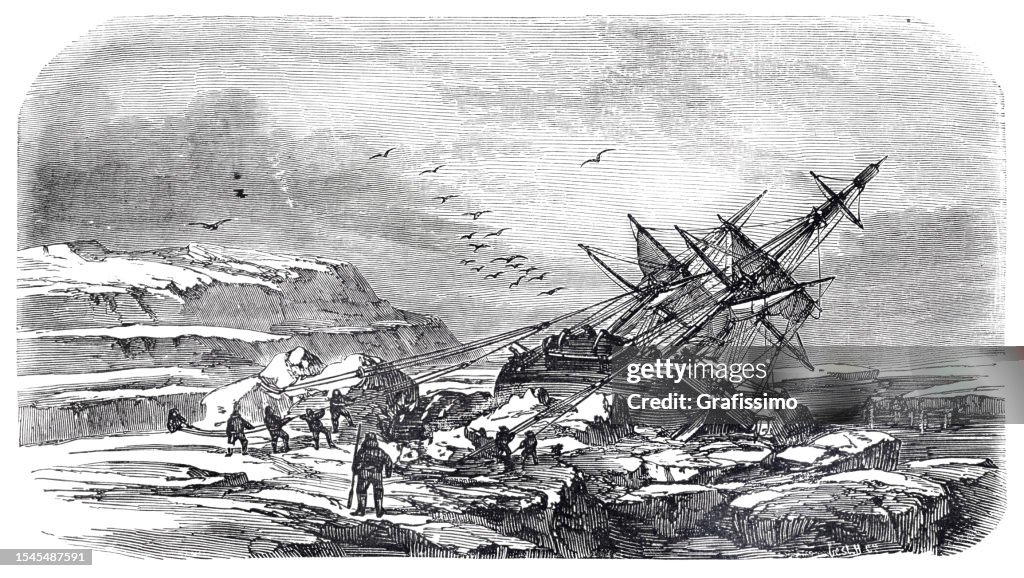 Sailing ship searching Sir John Franklin ship in arctic 1850