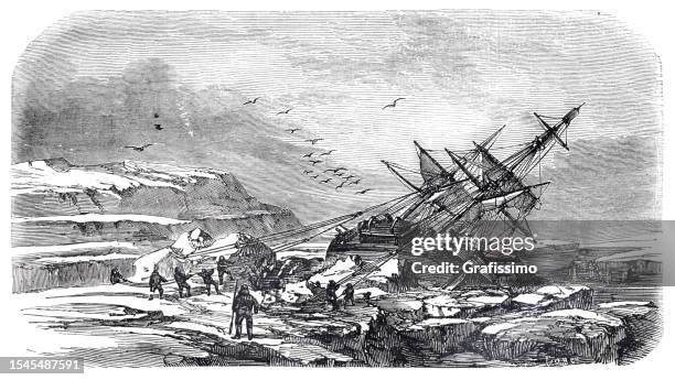sailing ship searching sir john franklin ship in arctic 1850 - sir john franklin stock illustrations
