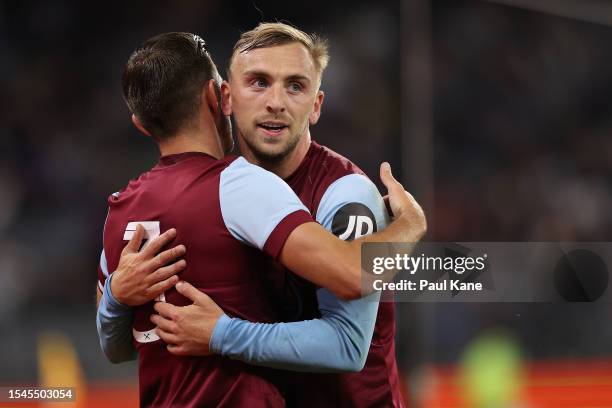 Aaron Cresswell and Jarrod Bowen of West Ham celebrates a goal during the pre-season friendly match between Perth Glory and West Ham United at Optus...