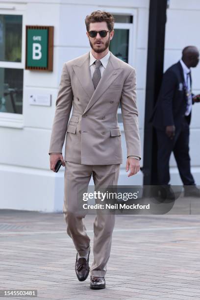 Andrew Garfield attends day thirteen of the Wimbledon Tennis Championships at All England Lawn Tennis and Croquet Club on July 15, 2023 in London,...