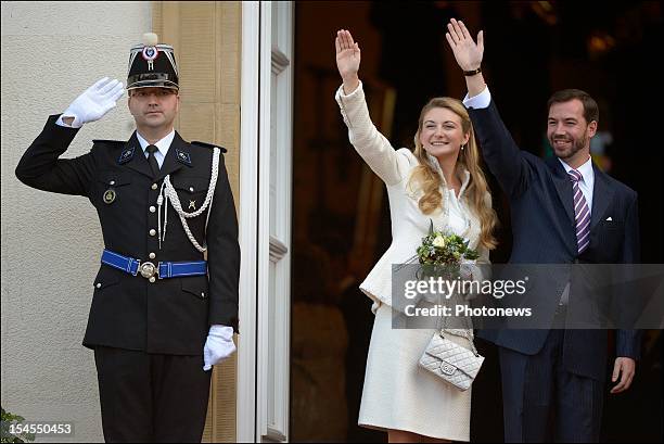 Prince Guillaume Of Luxembourg and Countess Stephanie de Lannoy during their civil wedding ceremony at the Hotel De Ville on October 19, 2012 in...