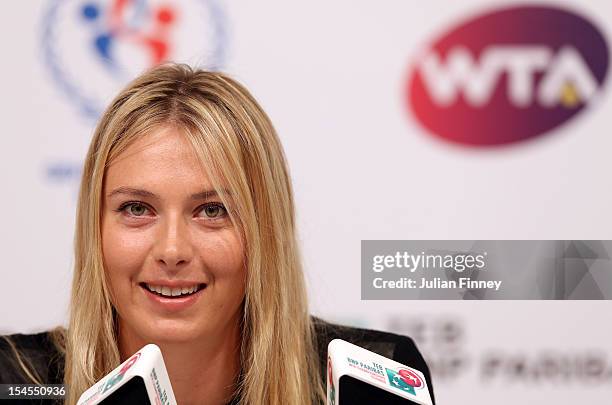 Maria Sharapova of Russia talks to the media at the WTA All-Access Hour during previews for the TEB BNP Paribas WTA Championships - Istanbul 2012 on...