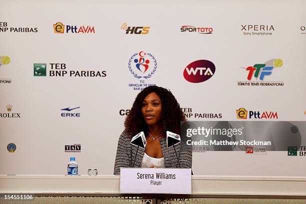 Serena Williams of the United States fields questions from the media at the WTA All Access Hour during the TEB BNP Paribas WTA Championships at the...