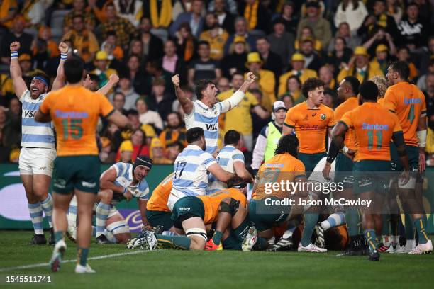 The Pumas celebrate a try by Juan Martin Gonzalez during The Rugby Championship match between the Australia Wallabies and Argentina at CommBank...