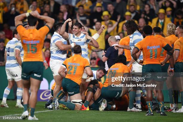 The Pumas celebrate a try by Juan Martin Gonzalez during The Rugby Championship match between the Australia Wallabies and Argentina at CommBank...