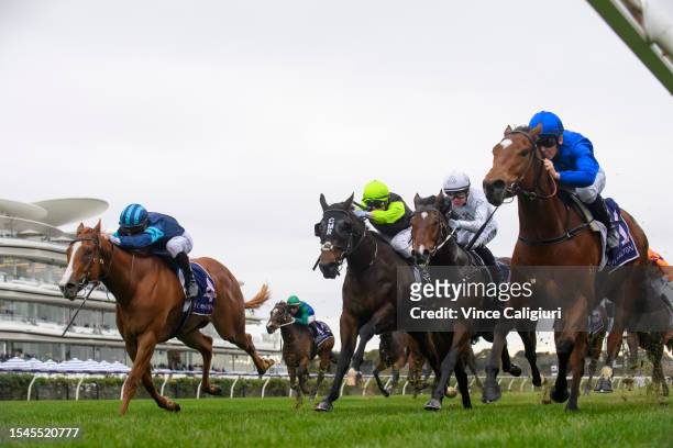Celine Gaudray riding Exploring winning Race 1, the Vrc Member Annabel Cobain Sprint, during Melbourne Racing at Flemington Racecourse on July 15,...