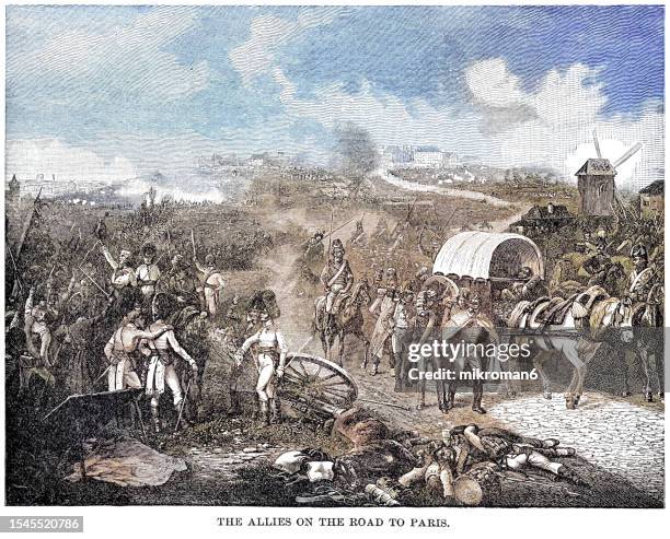 old engraved illustration of the battle of paris (30–31 march 1814) between the sixth coalition, consisting of russia, austria, and prussia, and the french empire, fighting in the suburbs of paris (the french surrendered on march 31) - soldier coming home stock pictures, royalty-free photos & images