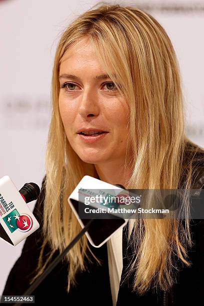 Maria Sharapova of Russia fields questions from the media at the WTA All Access Hour during the TEB BNP Paribas WTA Championships at the Renaissance...