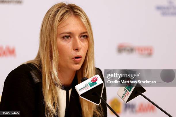 Maria Sharapova of Russia fields questions from the media at the WTA All Access Hour during the TEB BNP Paribas WTA Championships at the Renaissance...