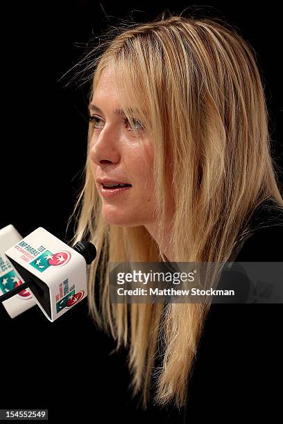 Maria Sharapova of Russia fields questions from the media at the WTA All Access Hour during the TEB BNP Paribas WTA Championships at the Renaissance...