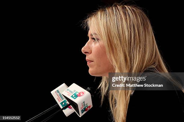 Maria Sharapova of Russia fields questions from the media at the WTA All Access Hour during the TEB BNP Paribas WTA Championships at the Renaissance...