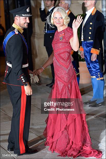 Crown Princess Mette-Marit and Crown Prince Haakon of Norway arrive at the Gala Dinner for the wedding of Prince Guillaume Of Luxembourg and...